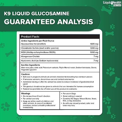 LIQUIDHEALTH 32 Oz K9 Liquid Glucosamine for Dogs, Puppies and Senior Canines - Chondroitin, MSM, Hyaluronic Acid – Joint Health, Dog Vitamins Hip Joint Juice, Dog Joint Oil (2-Pack)
