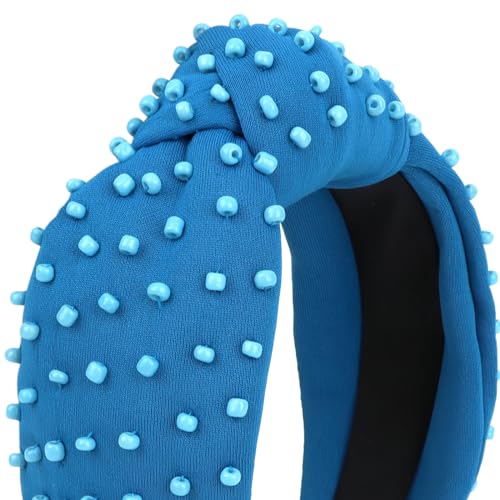 YISSION 1PC Pearl Knotted Headband for Women Non Slip Beaded Headband Wide Pearl Headbands for women Jeweled Embellished Hairband Blue Head Band Hair Accessories for Women Girls
