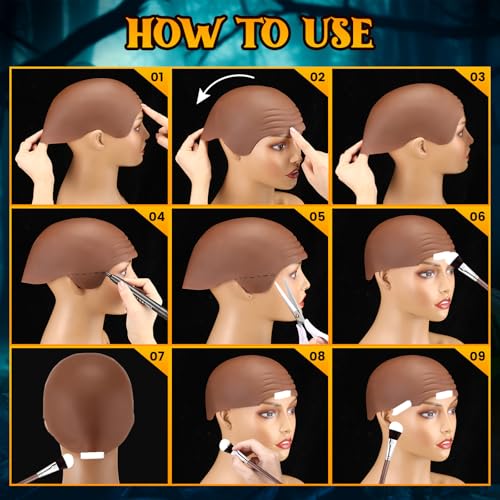 Syhood 2 Pieces Halloween Bald Cap Makeup Latex Bald Head Wig Caps Bald Hat Cosplay Costume for Adults(Dark Brown,Medium)