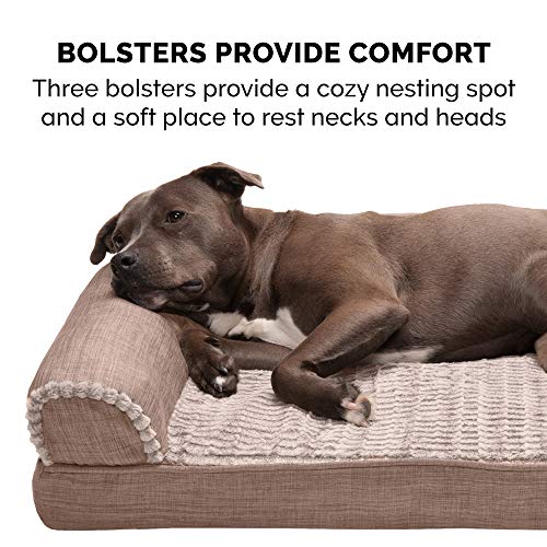 Furhaven Memory Foam Dog Bed for Large Dogs w/ Removable Bolsters & Washable Cover, For Dogs Up to 125 lbs - Luxe Faux Fur & Performance Linen Sofa - Woodsmoke, Jumbo Plus/XXL