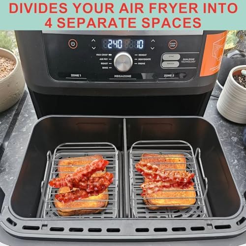 2 Packs Air Fryer Racks with 100pcs Liners for Ninja Foodi DZ401/ DZ201 and Other 8-10 QT Dual Air Fryer, Parchment Paper & Stainless Steel Toast Rack for Air Fryer 2 Basket Liners Accessories