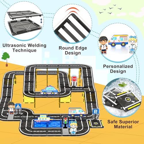 104 PCS Magnetic Tiles Road Set With Car Toys, STEM Magnet Building Blocks for Kids Toddler Toys Games, Christmas Birthday Gifts for 3+ Year Old Boys Girls, Car Enthusiasts and Classroom Must Haves