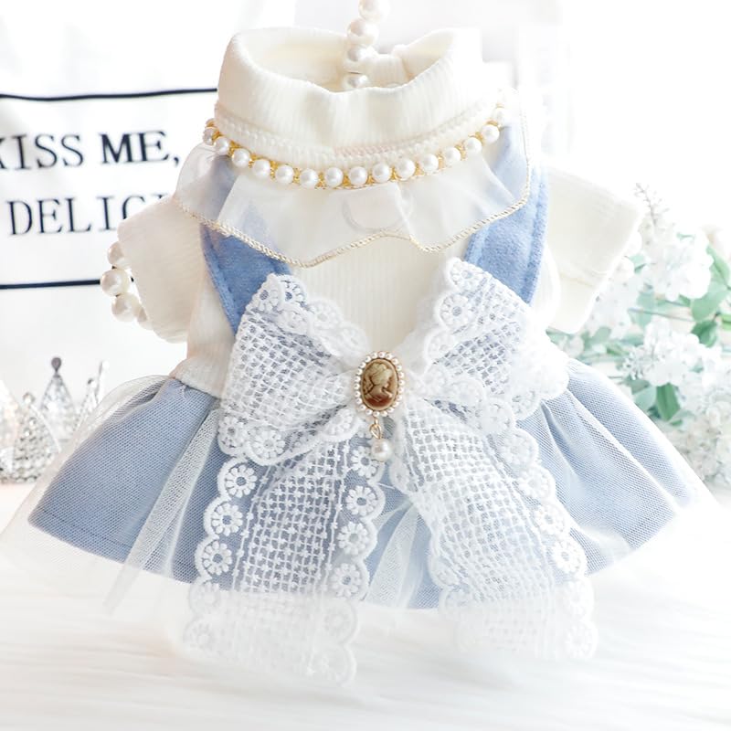 AZA Dog Princess Dresses for Small Dogs Lolita Clothes Bow Costume Pet Girl Cute Coat Outfits Fall Blue Costumes (L,Blue)