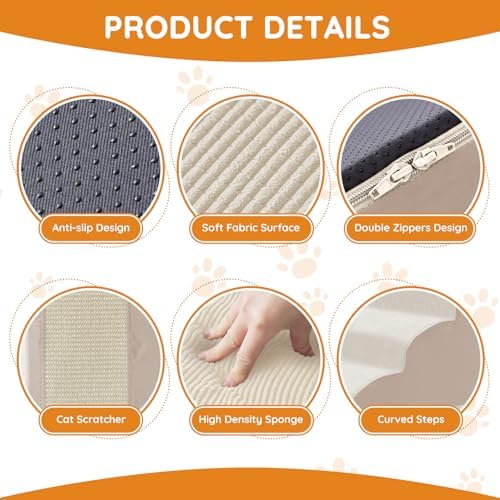 Pet Stairs for Small Dogs - 5-Step Curved Dog Ramp for Bed, Couch, Sofa, Car and Chairs - Non-Slip Bottom Design - Cat Scratching Board - High Density Foam Portable Pet Step - Beige