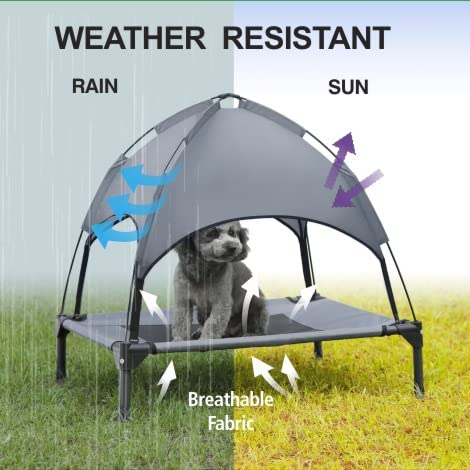 Hooyeatlin Small Elevated Dog Bed with Canopy - Upgraded 30IN Outdoor Raised Dog Cot Bed with Removable Shade Tent, Pet Cot Gray(S Size)