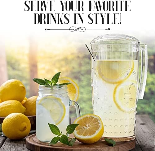 elle decor Acrylic Water Pitcher, Plastic Water Pitcher with Lid and Handle, Fridge Jug, BPA-Free, Shatter-Proof, Use for Iced Tea, Sangria, Lemonade, Juice, and Milk Beverages, 2 Liters (Clear)