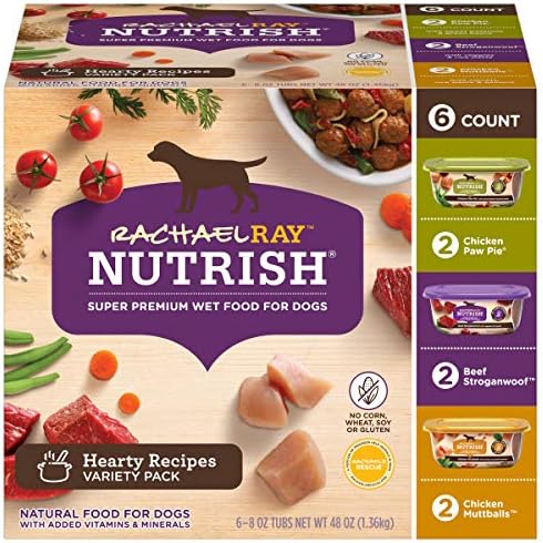 Rachael Ray Nutrish Premium Natural Wet Dog Food with Added Vitamins & Minerals, Hearty Recipes Variety Pack, 8 Ounce Tub (Pack of 12)