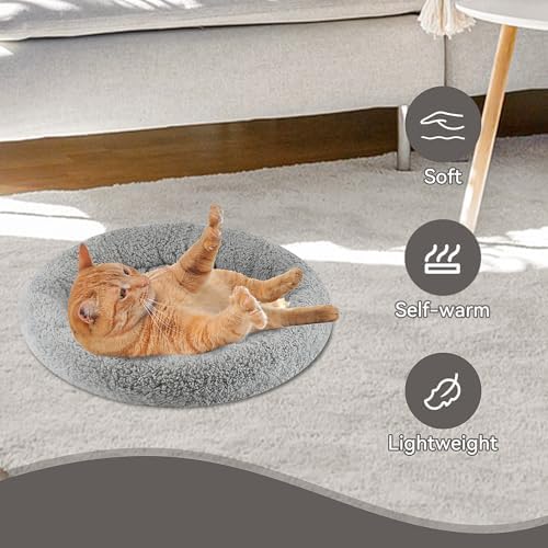 Enjoying Small Cat Bed Mat, 13.78" Round, Self Warming Cat Bed with Pillow Around, Dog Kitty Curling Sleep Cushion, Soft Cat Pad for Carrier/Crate, Rabbit Warm Bed, Antiskid Bottom, Small