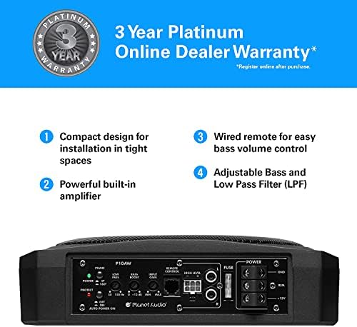 Planet Audio P10AWK Amplified Car Subwoofer - 1000 Watts, Low Profile, 10 Inch Subwoofer, 8 Gauge Amplifier Installation Kit Included. Great for Vehicles That Need Bass But Have Limited Space