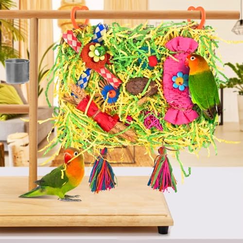 KATUMO Bird Toys, Parakeet Toys Large-Sized Grass Mat with Various Colorful Parrot Foraging Shredder Hanging Toys Conure Climb Hammock Toys for Birds