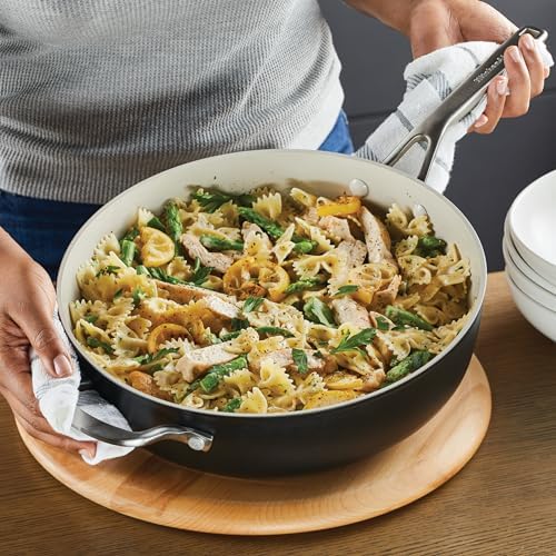 KitchenAid Hard Anodized Ceramic 5-Quart Nonstick Sauté Pan with Shatter-Resistant Lid & Riveted Handle – Durable, Even Heating, Easy Clean, Oven Safe to 500°F, Matte Black