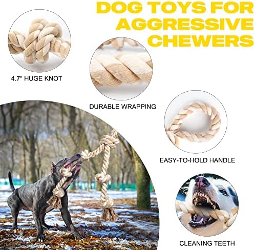 Fida Dog Rope Toys for Aggressive Chewers,Large Dog Toy Designed for Tug of War, Tough Dog Rope Toy Indestructible Made of Undyed Natural Cotton, 29" Large Dog Toys with 3 Big Knots and a Handle