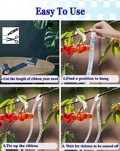 Whtawtaw 2 Rolls 328 FT Bird Scare Type Ribbon, Deterrent Visual Audible Reflective Tape to Keep Away Birds, Holographic Eco-Friendly Double Sided Flash Tape for Outdoor, Garden, Balcony