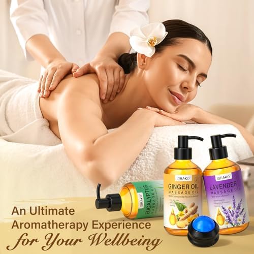 Valentine's Day Gifts for Men&Women -3 Pack Massage Oil for Massage Therapy,Lymphatic Drainage Ginger Oil | Lavender Oil | Sore Muscle Eucalyptus Massage Oils &Massage Ball for Date Night
