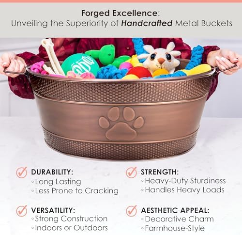 BREKX Indestructible Metal Dog Toy Bin - Copper Galvanized Storage Bin with Handles, Dog Toy Box for Dog Chew Toys, Blankets, & Leashes, Paw Pet Toy Box (25-Quart)