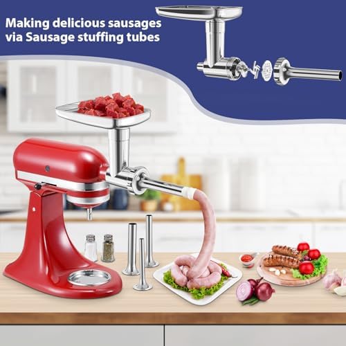 Stainless Steel Food Grinder Attachment for KitchenAid Stand Mixers, Meat Grinder Accessories Including Sausage Stuffer Tubes & Holder, Grinding Plates, Grinding Blades