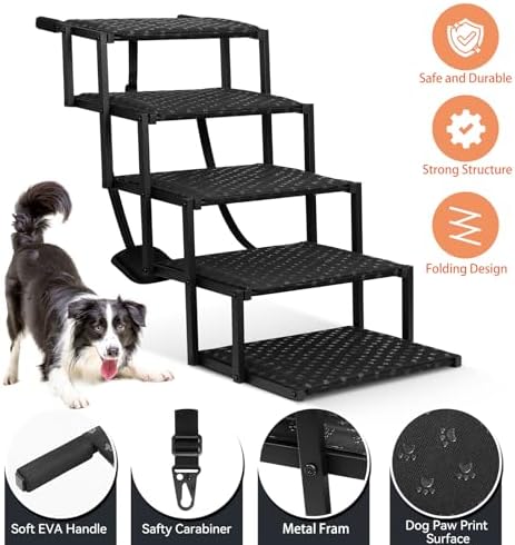 Dog Stairs for Car - Foldable Dog Ramps for Large Dogs with Non Slip Surface, Portable Dog Steps for Cars and SUV, Truck, Support Up to 200 Lbs