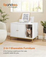 Feandrea Litter Box Enclosure, Modern Cat Litter Box Furniture Hidden, with Scratching Mat, Tall Legs, Cat House, Side End Table, 31.5 x 19.7 x 21.7 Inches, White and Gold UPCL007W01