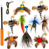 Interactive Cat Toys - 10 PCS Cat Retractable Wand Toy and Feather Toys Refills, Cat Enrichment Toys for Indoor Cats,Feather Cat Toys on a Stick,Cat Toy Small Feather Insects