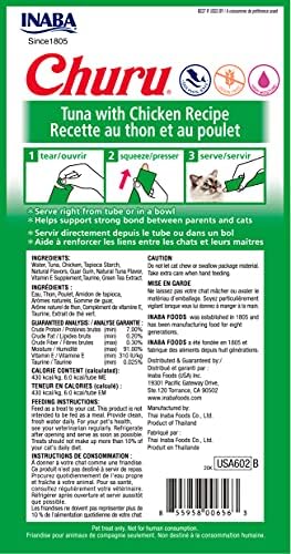 INABA Churu Cat Treats, Grain-Free, Lickable, Squeezable Creamy Purée Cat Treat/Topper with Vitamin E & Taurine, 0.5 Ounces Each Tube, 12 Tubes (4 per Pack), Tuna with Chicken Recipe