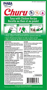 INABA Churu Cat Treats, Grain-Free, Lickable, Squeezable Creamy Purée Cat Treat/Topper with Vitamin E & Taurine, 0.5 Ounces Each Tube, 12 Tubes (4 per Pack), Tuna with Chicken Recipe