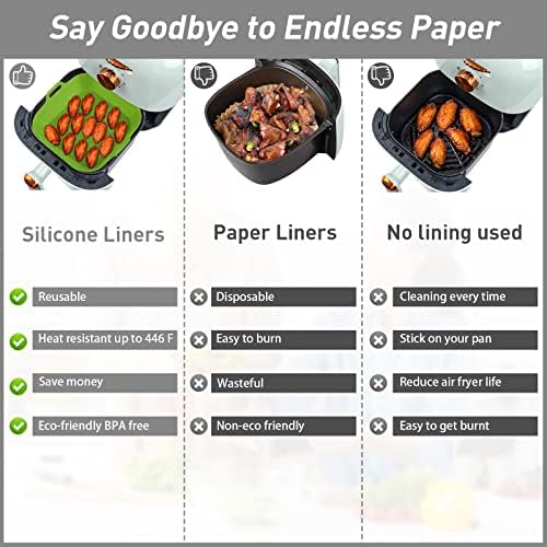 2 PCS Silicone Air Fryer Liners 9 Inch Square Easy Cleaning Airfryer Silicone Liners for 6-9 QT Frying Basket, Heat Resistant Reusable Ninja Air Fryer Accessories (Grey+Green)