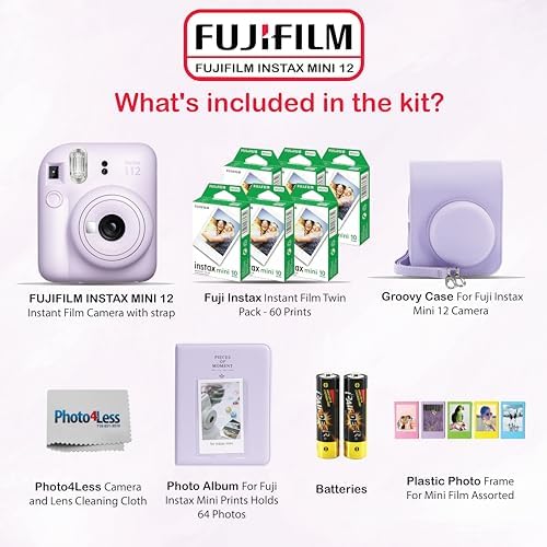 Fujifilm Instax Mini 12 Instant Camera Bundle with Fujifilm Instax Mini Instant Film Value Pack (60 Sheets) with Accessories Including Protective Case, Strap, Photo Album (Lilac Purple)