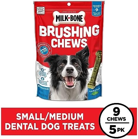 Milk-Bone Fresh Breath Brushing Chews, 9 Small/ Medium Daily Dental Dog Treats (Pack of 5) Scrubbing Action Helps Clean Teeth