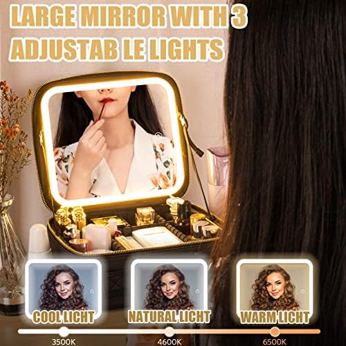 Makeup Travel Bag with LED Lighted Mirror Adjustable Brightness Portable Waterproof Makeup Case with Adjustable Dividers, Make up Train Case Organizer Makeup Brush Accessories and Tool Case