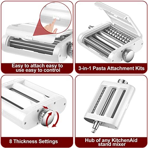 Pasta Maker 3-in-1 Attachment for KitchenAid Stand Mixers, Including Fettuccine and Spaghetti Cutter, Pasta Sheet Roller, Pasta Maker Accessories and Cleaning Brush
