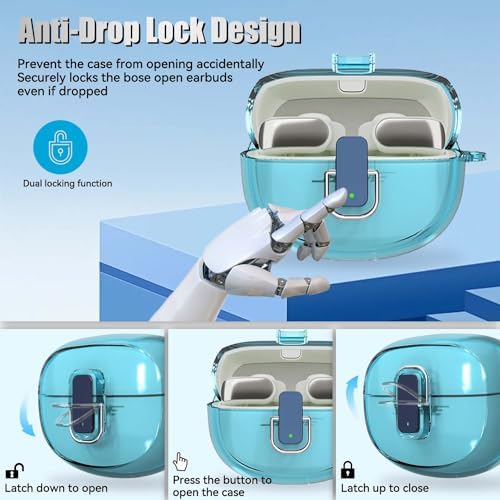 Clear Case for Bose Ultra Open with Safety Lock (2024), Shockproof Protective Cover for Bose Ultra Open Earbuds Clear TPU Bose Open Ear Case Accessories with Cleaning Kit & Carabiner (Clear Blue)