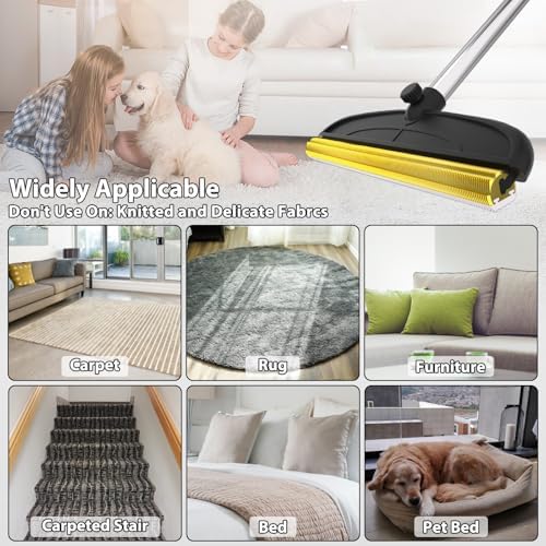 2 in 1 TPU and Copper Rake Teeth Carpet Rake for Pet Hair Removal, 60inch Adjustable Long Handle Pet Hair Remover, Reusable Cat Dog Hair Rake Broom, Lint Remover Scraper for Carpet,Rugs,Bed,Couch