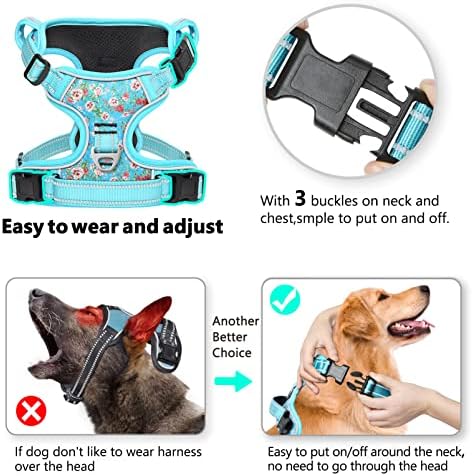 Timos No Pull Dog Harness,NO Need Go Over Dogs Head 3 Snap Buckles Reflective Oxford No Choke Puppy Harness with Front & Back 2 Metal Leash Clips Soft Padded Vest Harnesses for Small Medium Large Dogs