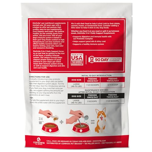 Dinovite Probiotic Supplement for Dogs, Omega 3, Hot Spot Relief, Skin & Coat Supplement, 90 Day Supply for Large Dogs