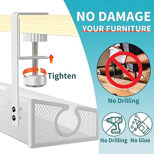 Under Desk Cable Tray White, No Drill Cable Organizer with Clamp for Wire Management, PC Cord Organizer & Workspace Accessories for Office, Home