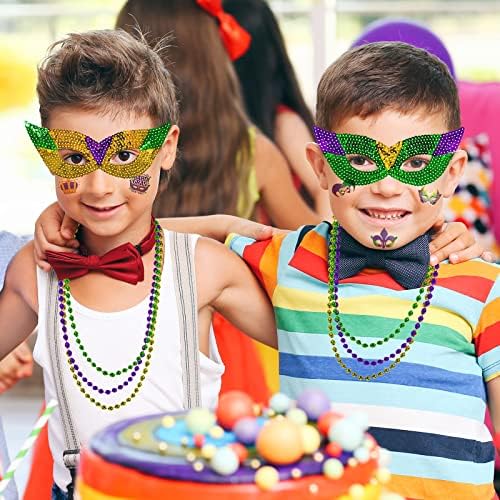 Winlyn 144 Pcs Mardi Gras Party Accessories Set Bulk Mardi Gras Bead Necklaces Masquerade Mardi Gras Coins Temporary Tattoos Rubber Bracelets for Mardi Gras Parade Masquerade Party Décoration