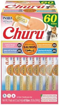 INABA Salmon Churu Cat Treats, Lickable, Squeezable Creamy Purée Cat Treat with Green Tea Extract & Taurine, 0.5 Ounces Each Tube, 60 Tubes, Salmon Variety Box