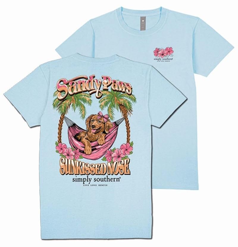 Simply Southern Sandy Paws Sunkissed Nose - Dog - Palm Trees - Adult T-Shirt (US, Alpha, Large, Regular, Regular, ICS Blue)