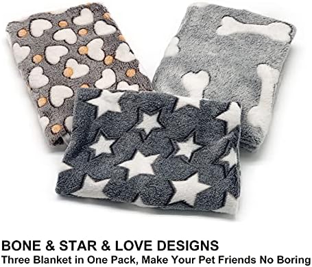 1 Pack 3 Puppy Blankets for Large Dogs Super Soft Warm Sleep Mat Grey Cute Print Fluffy Fleece Pet Throw Dog Blankets for Medium Dogs Cats,Star&Bone&Love-Large(40"x30")