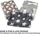 1 Pack 3 Puppy Blankets for Large Dogs Super Soft Warm Sleep Mat Grey Cute Print Fluffy Fleece Pet Throw Dog Blankets for Medium Dogs Cats,Star&Bone&Love-Large(40"x30")