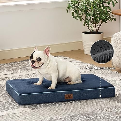 Bedsure Memory Foam Dog Bed for Medium Dogs - Orthopedic Waterproof Pet Mat for Crate with Removable Washable Cover and Nonskid Bottom - Water-Resistant Plush Flannel Fleece Top Pet Bed, Navy