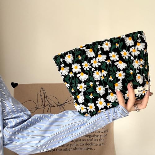 Makeup Bag Cosmetic bag Preppy Canvas Embroidery Toiletry Bag for women Cute zipper pouch Organizer Travel accessories (Little Daisy-Black, Large)