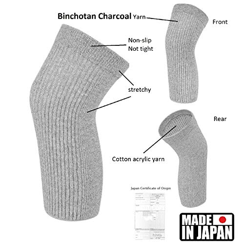 SENIOR ICARE Knee Warmers, Elastic Cotton Knee Sleeves - For Women, Men, Circulation Improvement and Joint Pain Relief for Arthritis Knees, Knitted Binchotan Charcoal Yarn, One Pair, Made in Japan