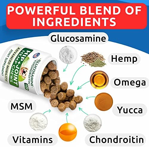 Hemp Chews Dogs Hip Joint Pain Relief - Glucosamine Chondroitin Hemp Treats for Joint Health - Dog Joint Supplement Large Breed & Small - Hemp Oil Pill - Canine Vitamin Treat Old Dog (240Ct/Chicken)