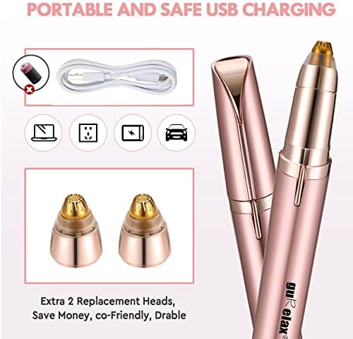 Eyebrow Trimmer for Women, Rechargeable Eyebrow Hair Remover, Painless Electric Razor with 2 x Replacement Heads, Eye Brow and Face Epilator Hair Removal (Rose Gold)