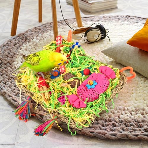 KATUMO Bird Toys, Parakeet Toys Large-Sized Grass Mat with Various Colorful Parrot Foraging Shredder Hanging Toys Conure Climb Hammock Toys for Birds