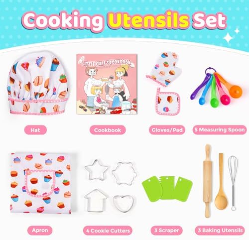 Toyze Birthday Gifts for 3-8 Year Old Girls Cute Stuff Apron for Girls Kids Cooking Sets Toddler Toys Kids Chef Hat and Apron Easter Christmas Stocking Stuffers White-with Cookbook