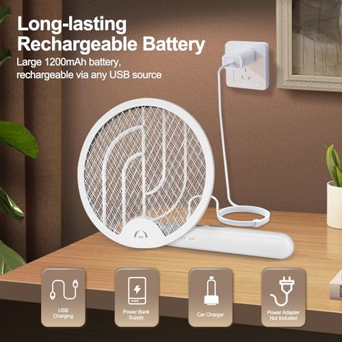 Foldable Electric Fly Swatter Racket, Portable 2 in 1 Bug Zapper Racket, Fly Killer and Mosquito Trap Lamp, USB Rechargeable with 1200mAh Battery for Indoor and Outdoor Home Backyard Patio Camping