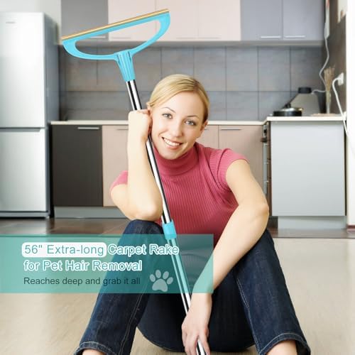 Carpet Rake for Pet Hair Removal, Reusable Pet Hair Removal Tool 56” Adjustable Long Handle Pet Hair Removal Broom, Cat Dog Hair Remover Carpet Brush Scraper for Rugs, Mats, Couch (Sky Blue)