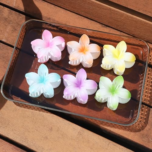 Hawaiian Plumeria Hair Accessories - 6 Pack Large Claw Clips for Thick and Thin Hair, Beach Tropical Hair Clips for Women and Girls
